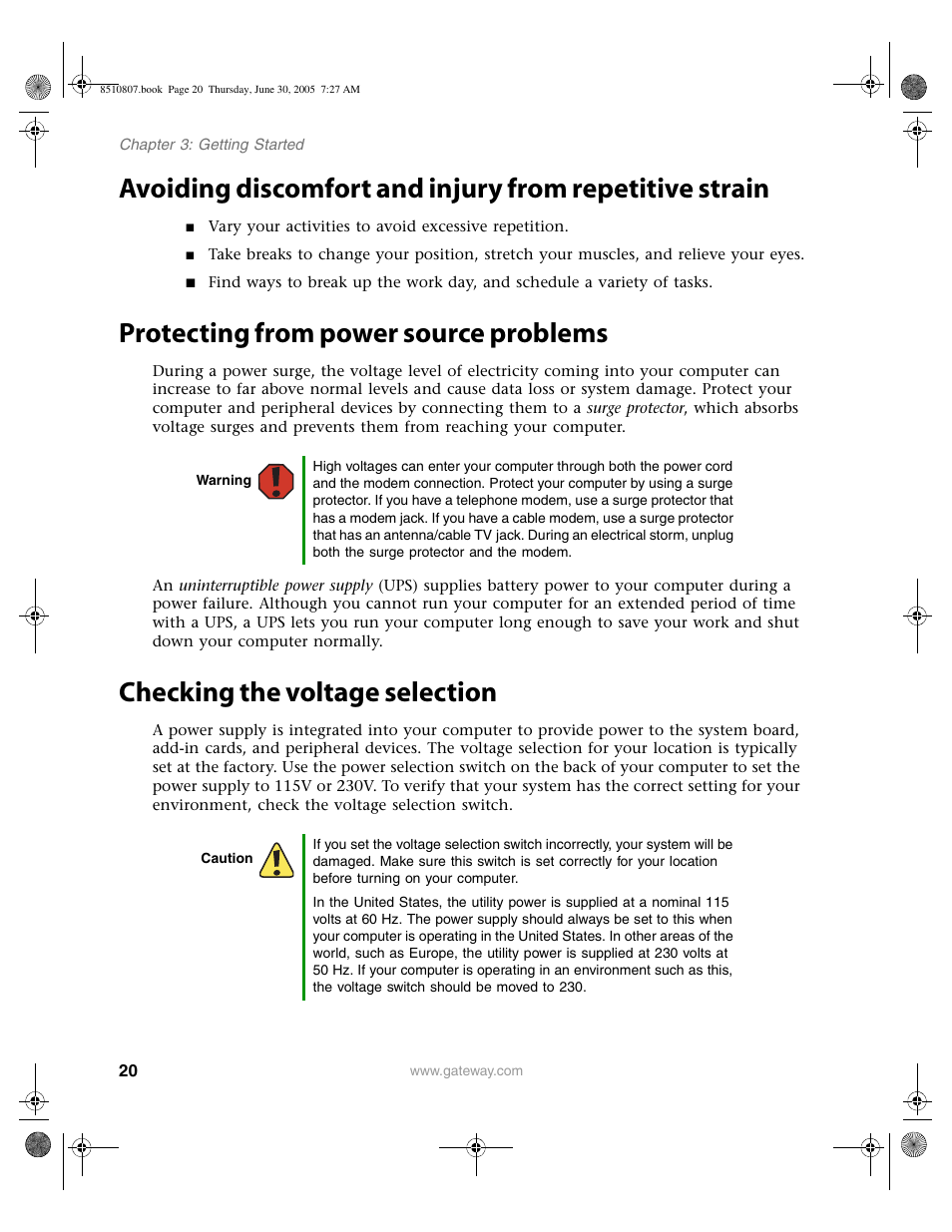 Protecting from power source problems, Checking the voltage selection | Gateway E-2500D User Manual | Page 25 / 110
