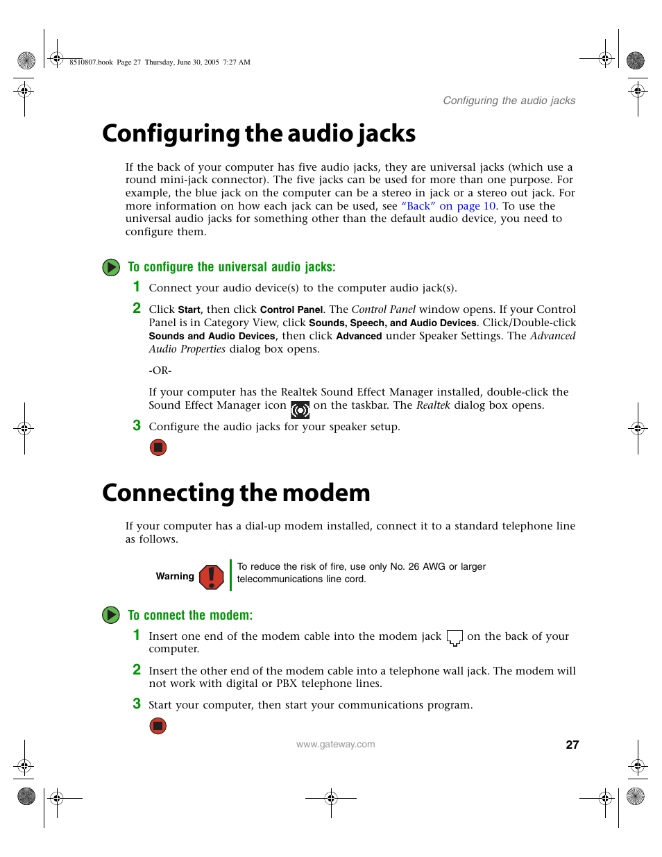 Configuring the audio jacks, Connecting the modem, Configuring the audio jacks connecting the modem | Configuring the, Configuring the audio | Gateway E-2500D User Manual | Page 32 / 110