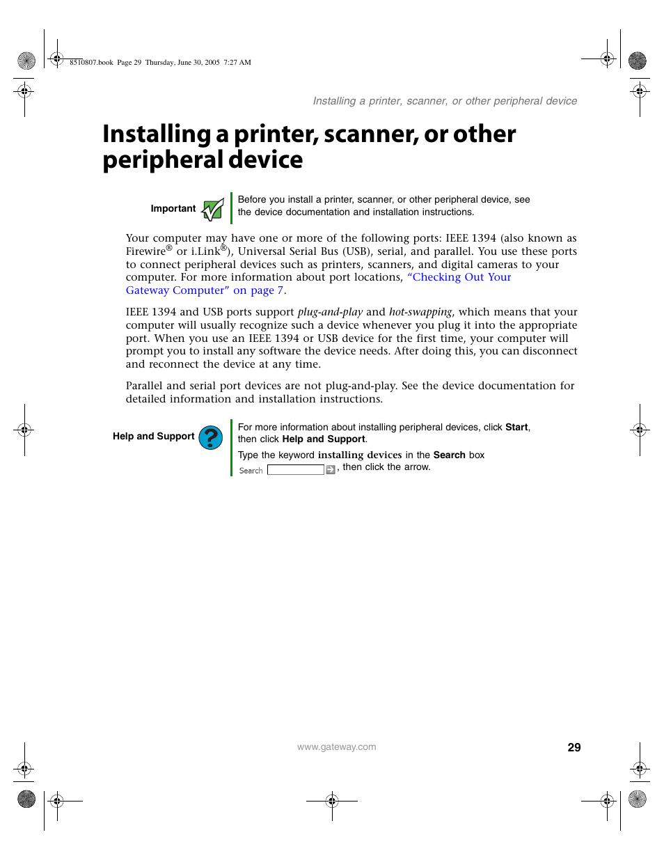 Installing a printer, scanner, or other, Installing a printer | Gateway E-2500D User Manual | Page 34 / 110