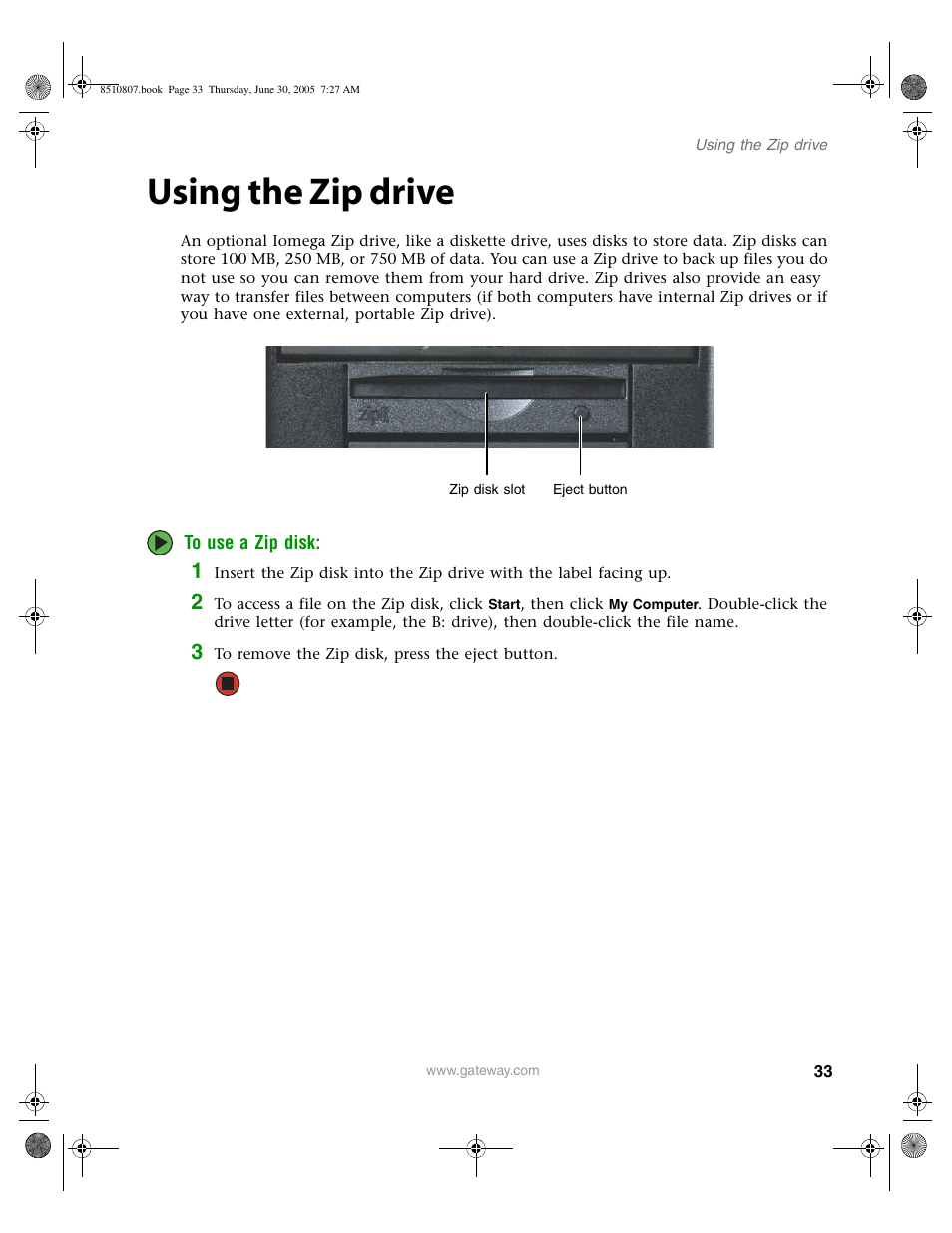 Using the zip drive | Gateway E-2500D User Manual | Page 38 / 110