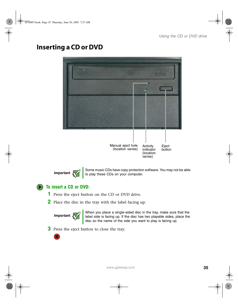 Inserting a cd or dvd | Gateway E-2500D User Manual | Page 40 / 110