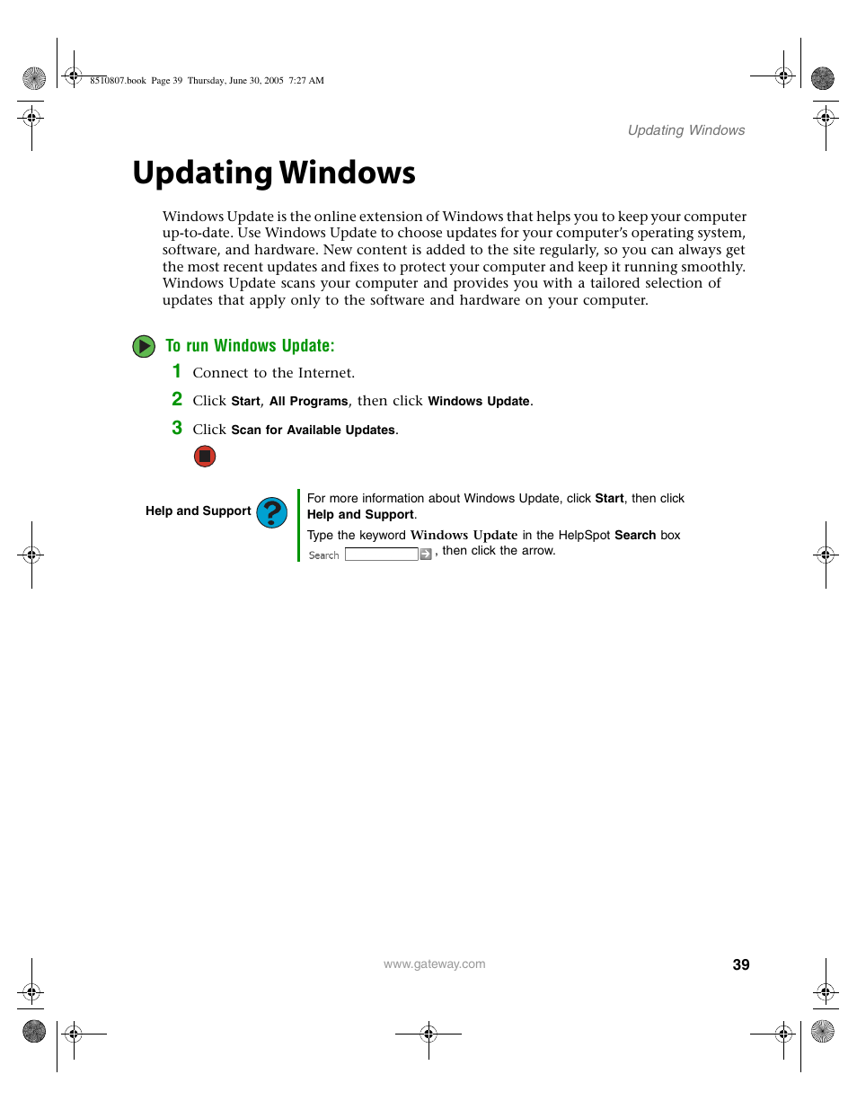 Updating windows | Gateway E-2500D User Manual | Page 44 / 110