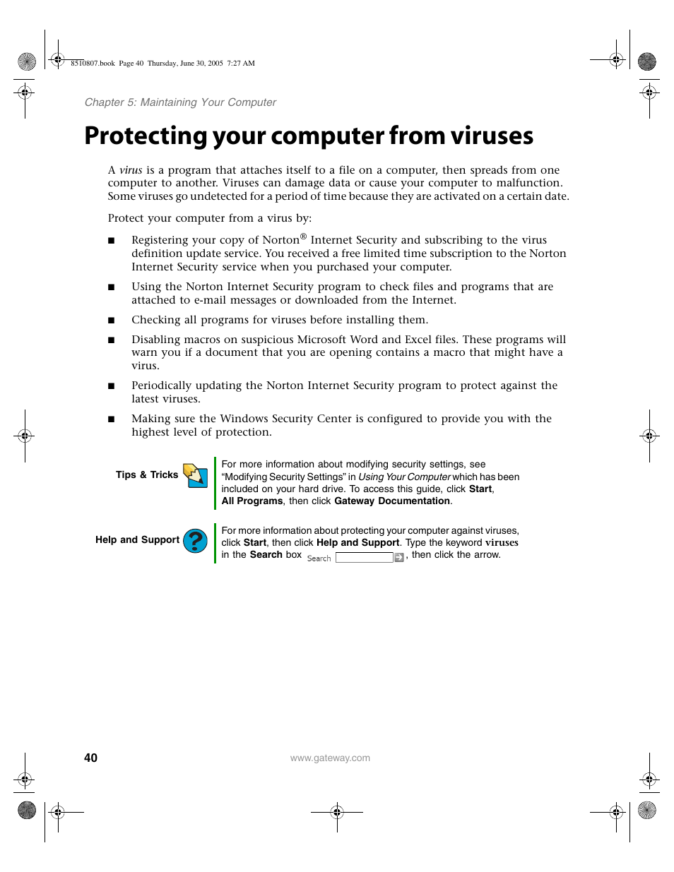 Protecting your computer from viruses | Gateway E-2500D User Manual | Page 45 / 110