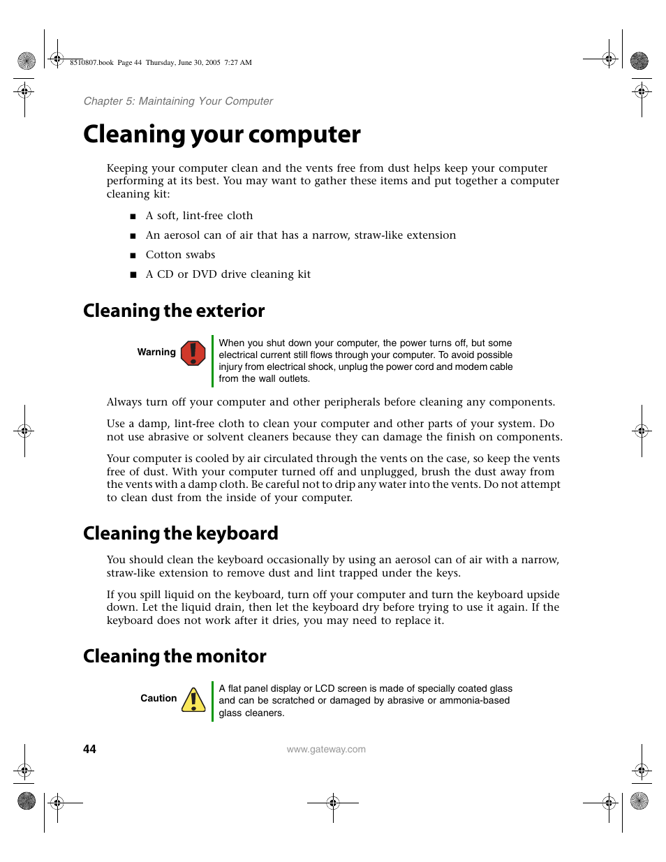 Cleaning your computer, Cleaning the exterior, Cleaning the keyboard | Cleaning the monitor | Gateway E-2500D User Manual | Page 49 / 110
