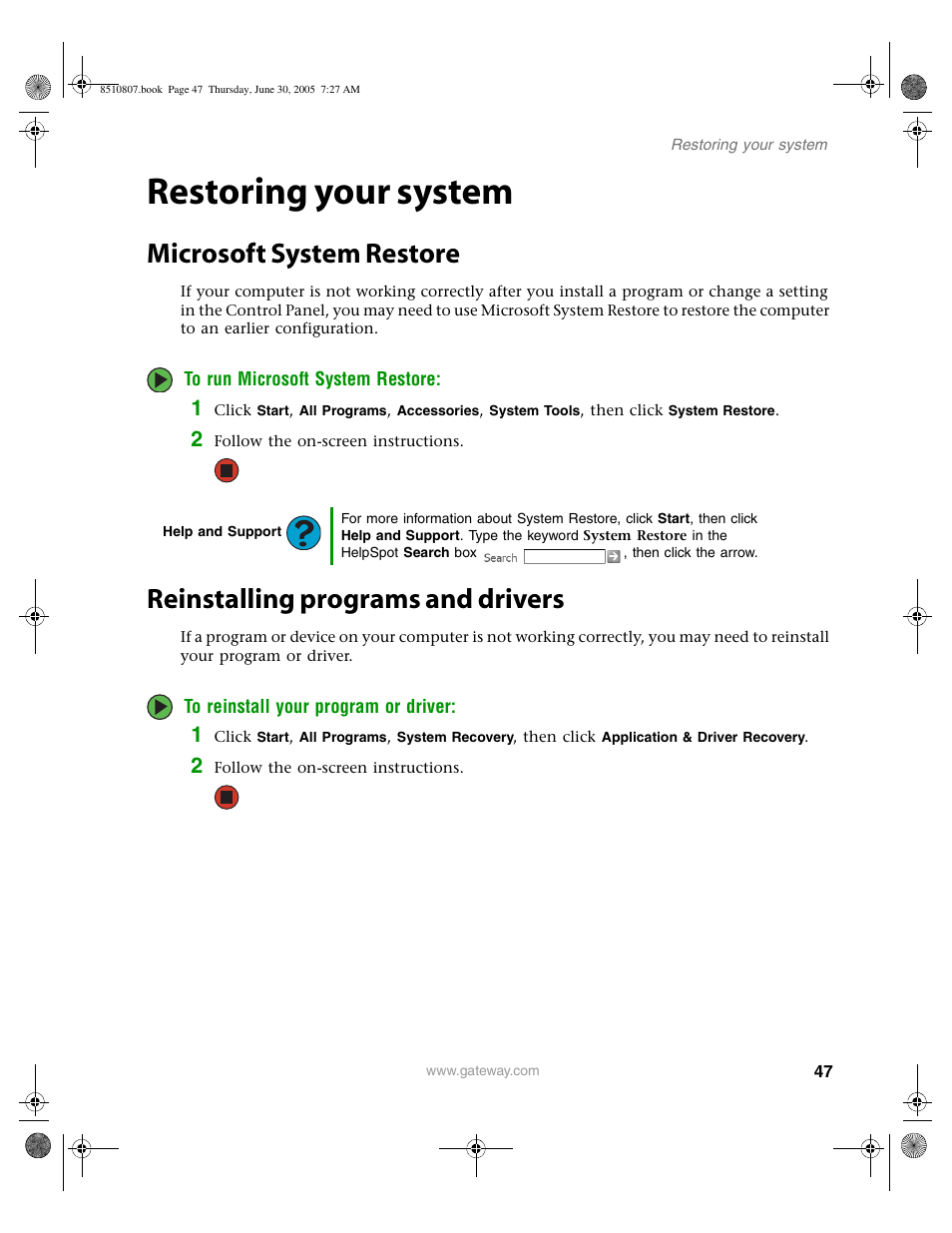 Restoring your system, Microsoft system restore, Reinstalling programs and drivers | Gateway E-2500D User Manual | Page 52 / 110
