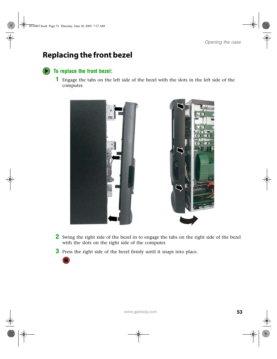 Replacing the front bezel | Gateway E-2500D User Manual | Page 58 / 110