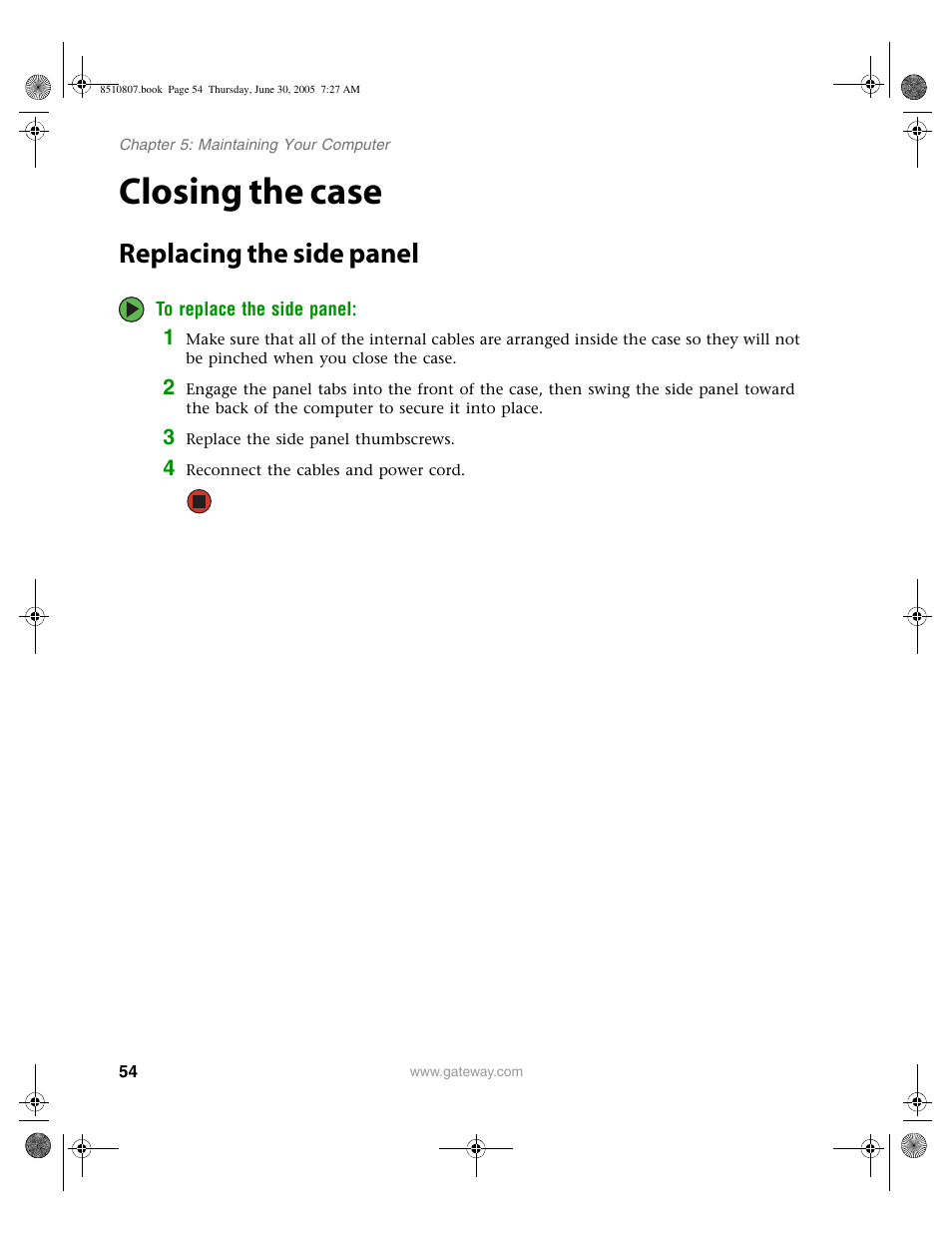 Closing the case, Replacing the side panel | Gateway E-2500D User Manual | Page 59 / 110