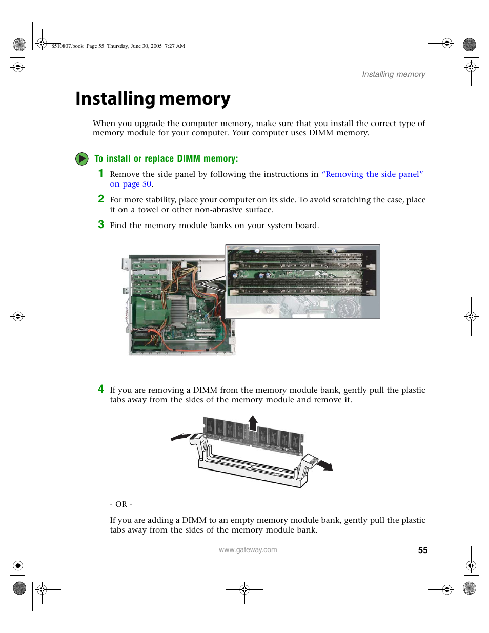 Installing memory | Gateway E-2500D User Manual | Page 60 / 110