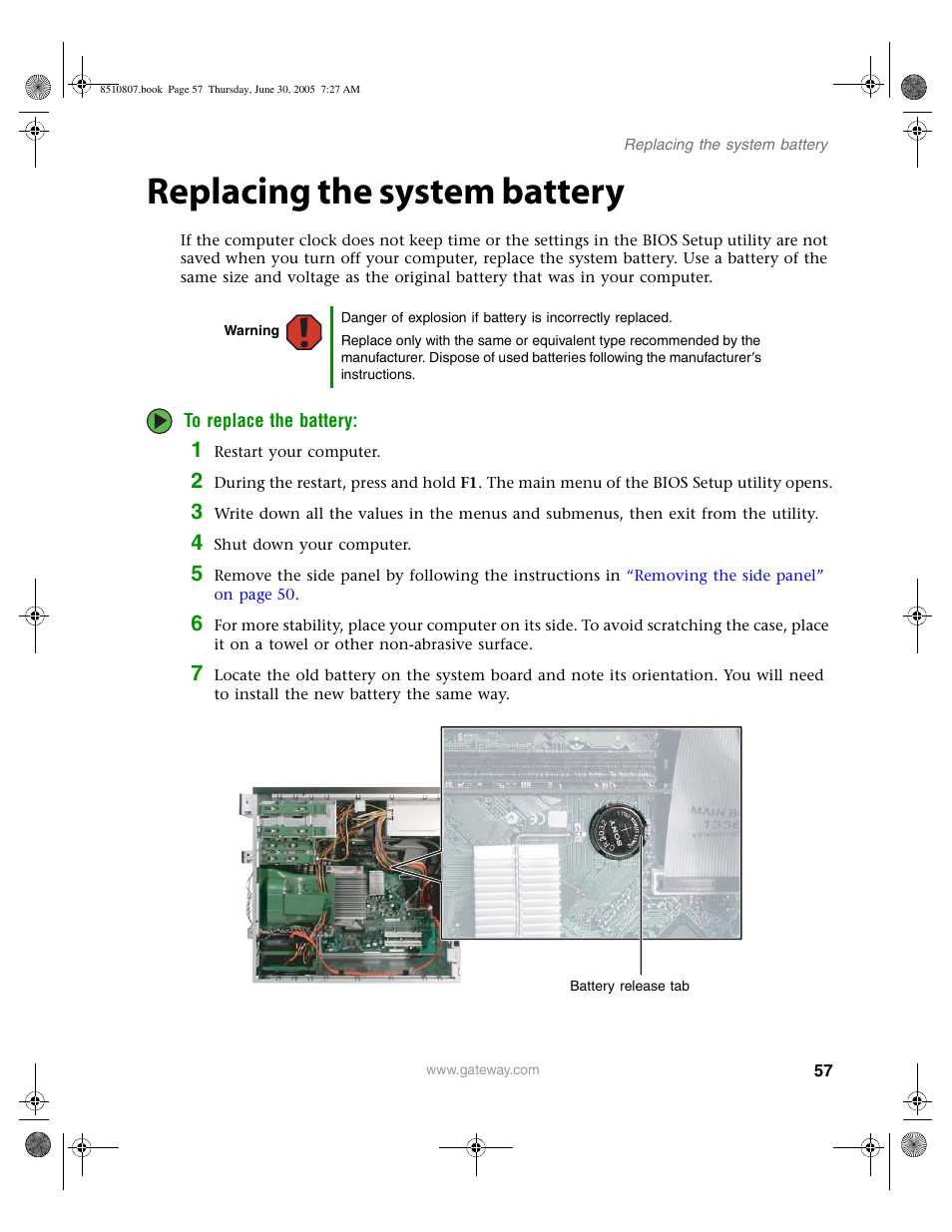 Replacing the system battery | Gateway E-2500D User Manual | Page 62 / 110