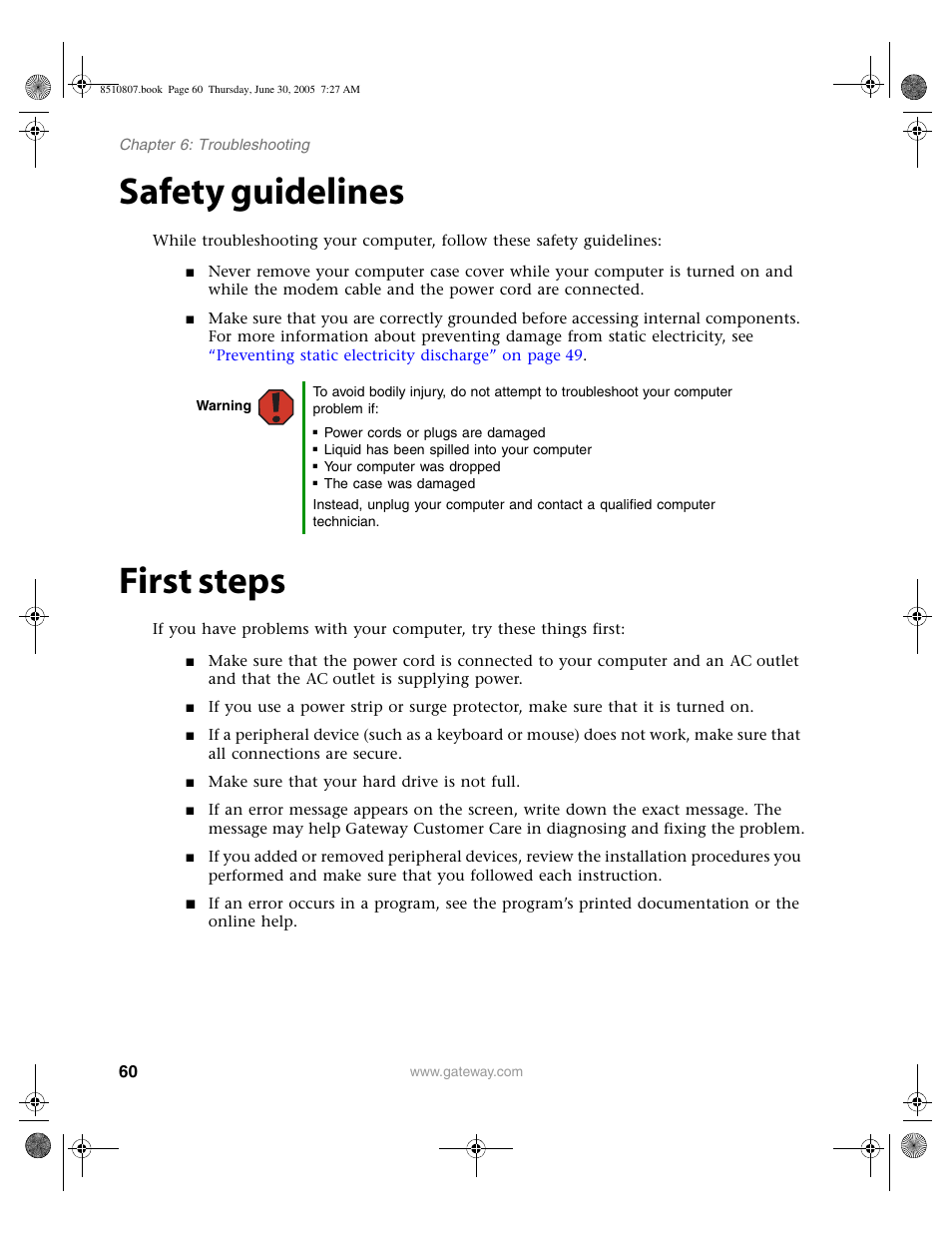 Safety guidelines, First steps, Safety guidelines first steps | Gateway E-2500D User Manual | Page 65 / 110