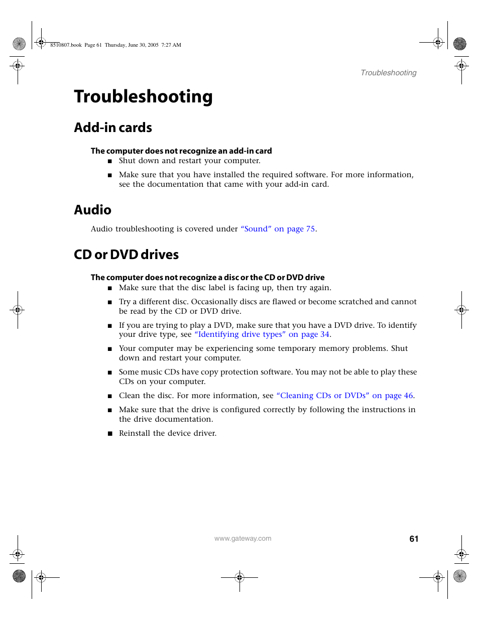 Troubleshooting, Add-in cards, Audio | Cd or dvd drives, Add-in cards audio cd or dvd drives | Gateway E-2500D User Manual | Page 66 / 110