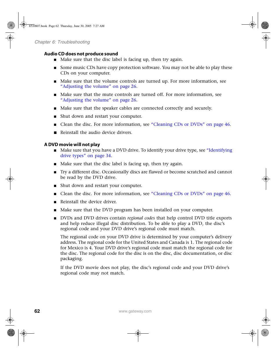 Audio cd does not produce sound, A dvd movie will not play | Gateway E-2500D User Manual | Page 67 / 110