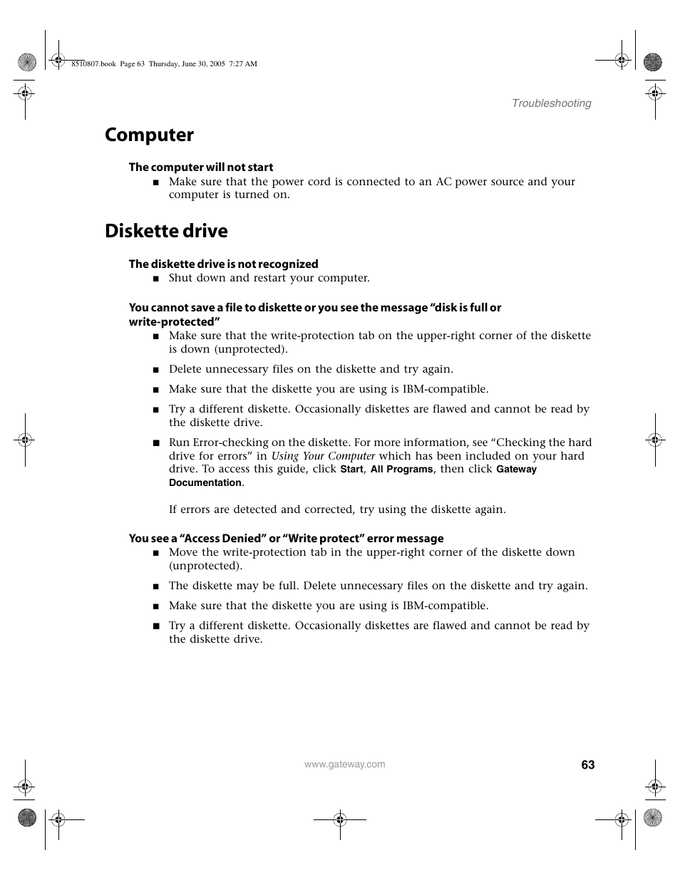Computer, Diskette drive, Computer diskette drive | Gateway E-2500D User Manual | Page 68 / 110