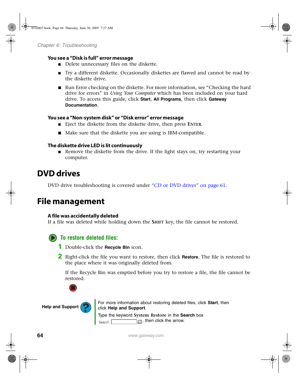 Dvd drives, File management, Dvd drives file management | Gateway E-2500D User Manual | Page 69 / 110
