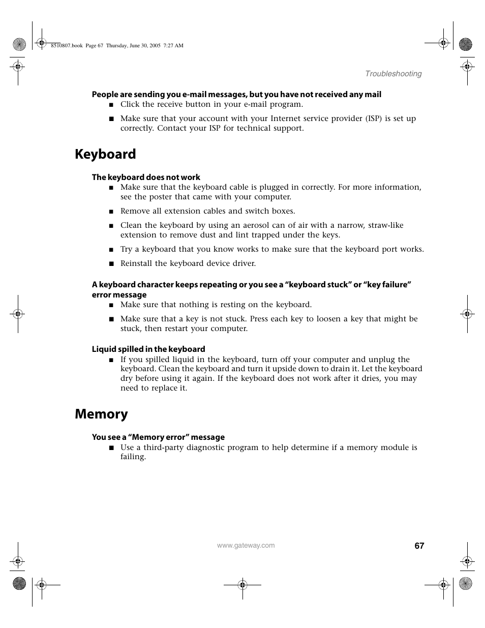 Keyboard, Memory, Keyboard memory | Gateway E-2500D User Manual | Page 72 / 110