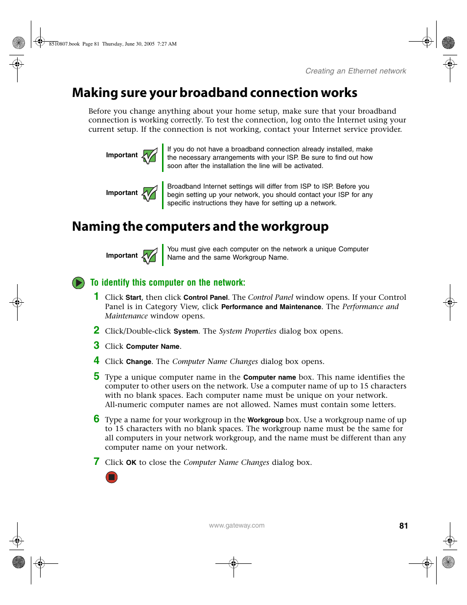 Making sure your broadband connection works, Naming the computers and the workgroup | Gateway E-2500D User Manual | Page 86 / 110