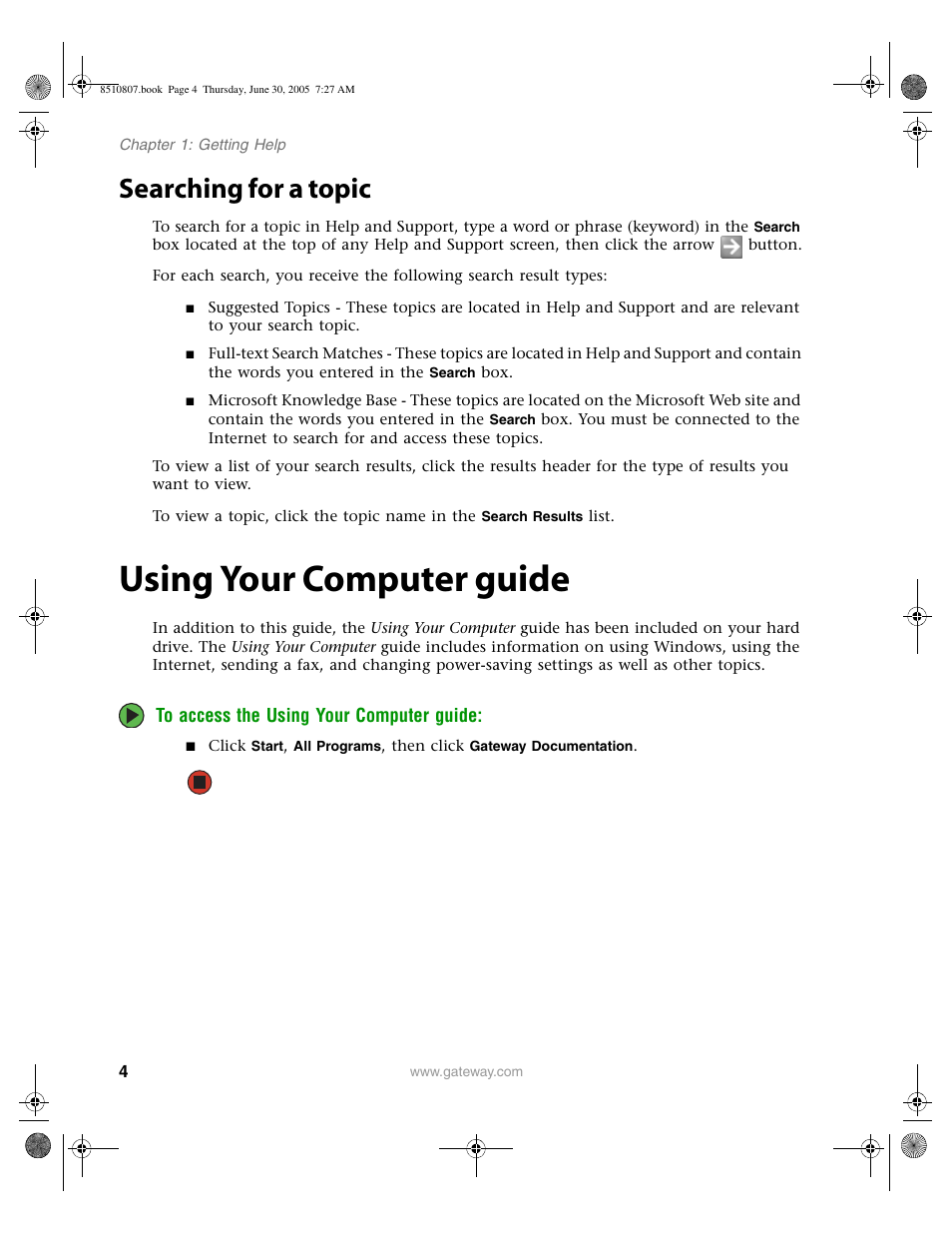 Searching for a topic, Using your computer guide | Gateway E-2500D User Manual | Page 9 / 110