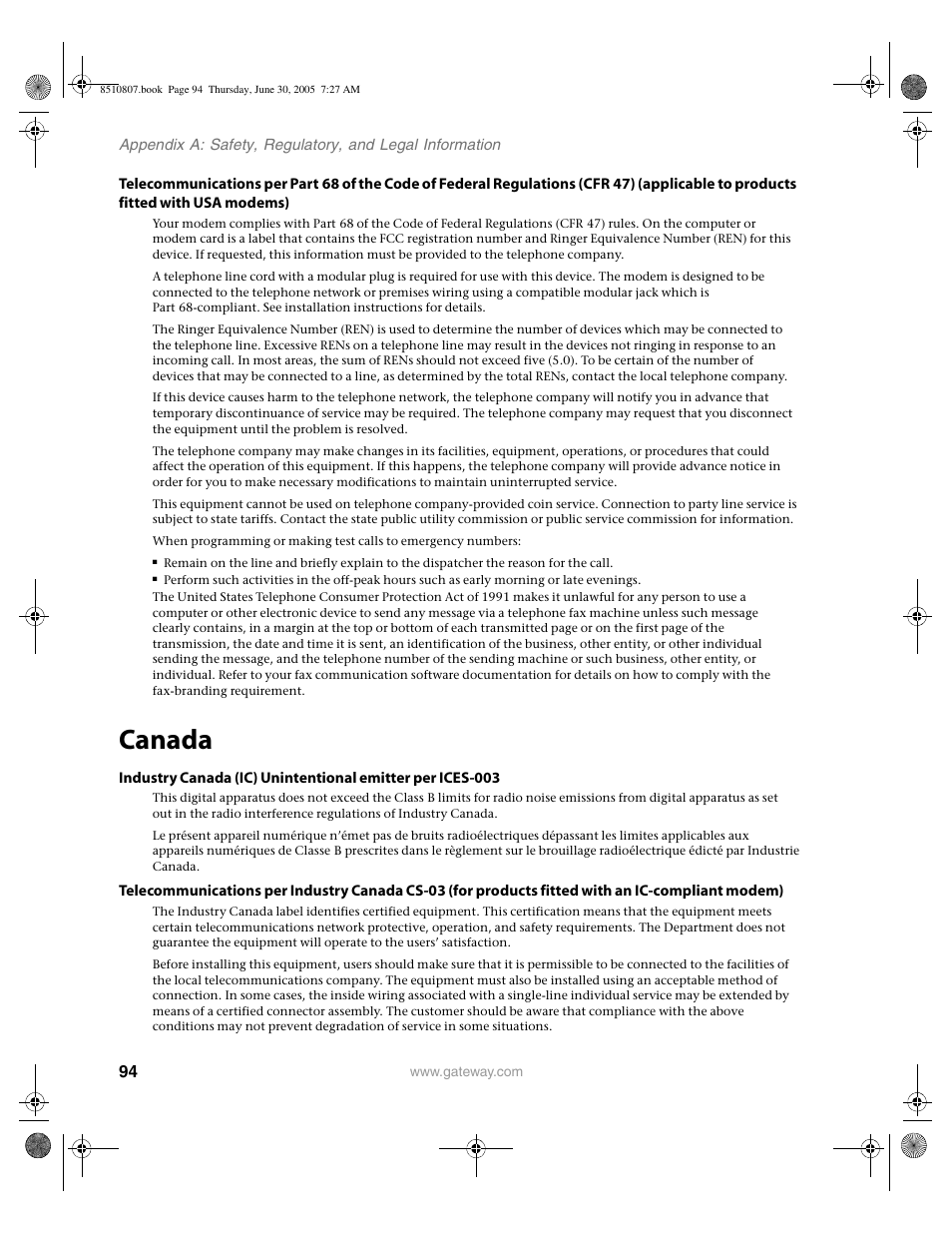 Canada | Gateway E-2500D User Manual | Page 99 / 110