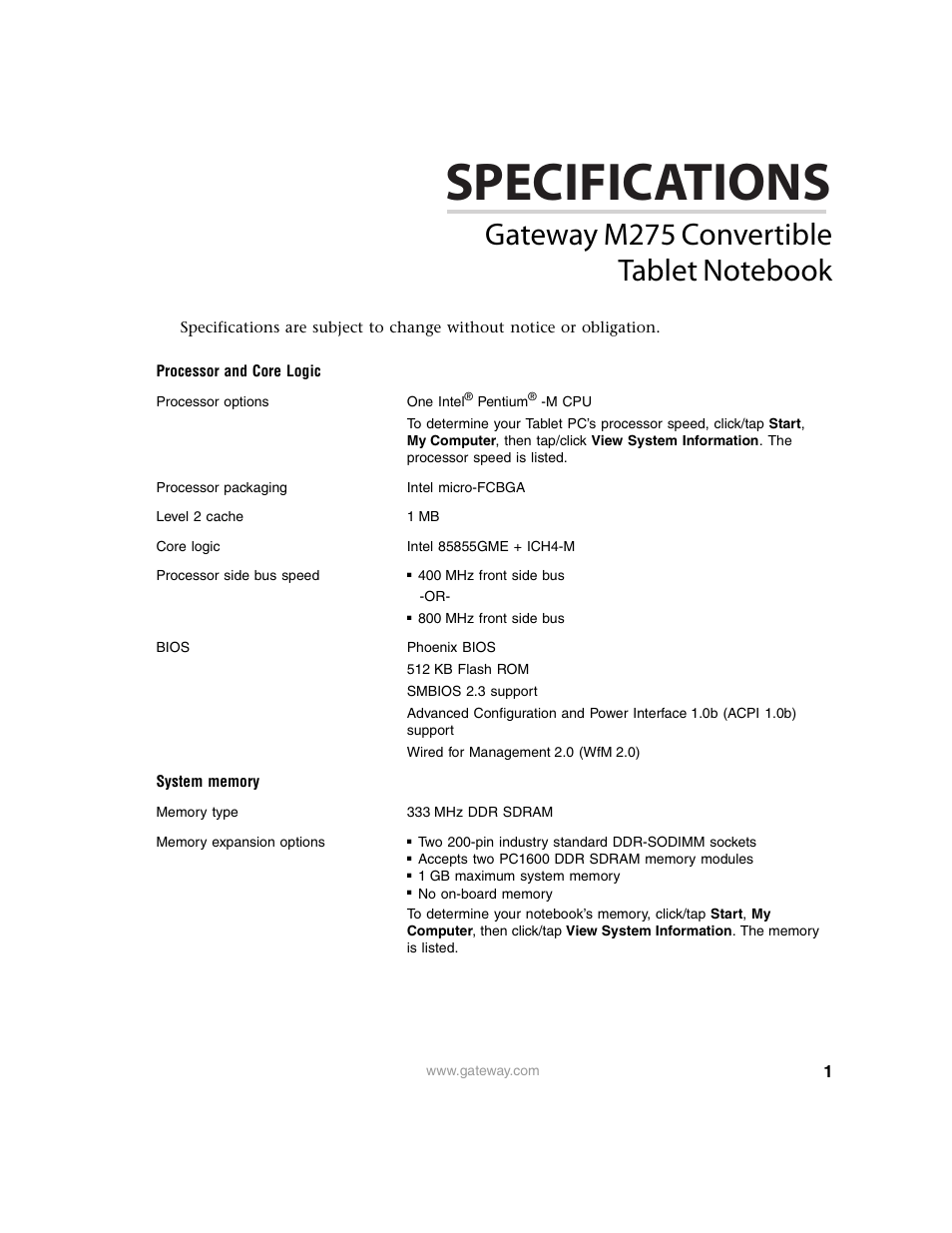 Gateway M275 User Manual | 8 pages