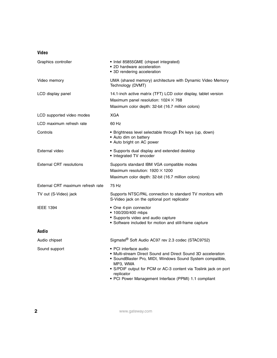 Video, Audio | Gateway M275 User Manual | Page 2 / 8