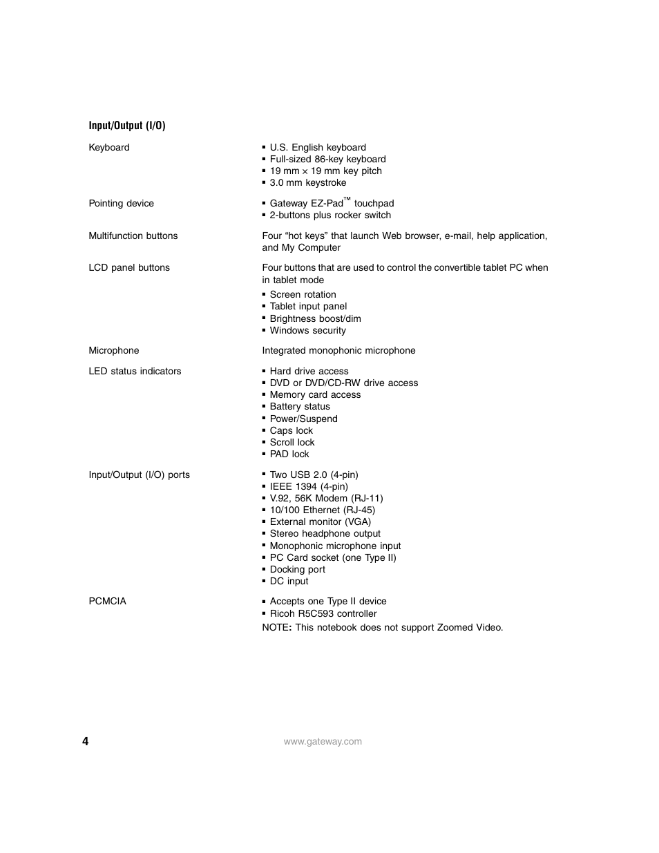 Input/output (i/o) | Gateway M275 User Manual | Page 4 / 8