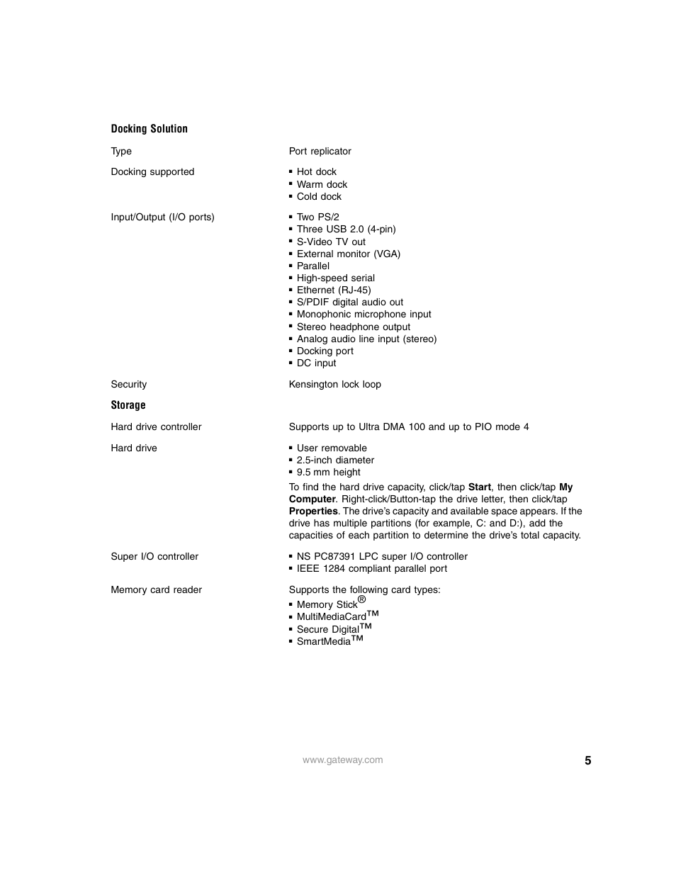 Docking solution, Storage | Gateway M275 User Manual | Page 5 / 8