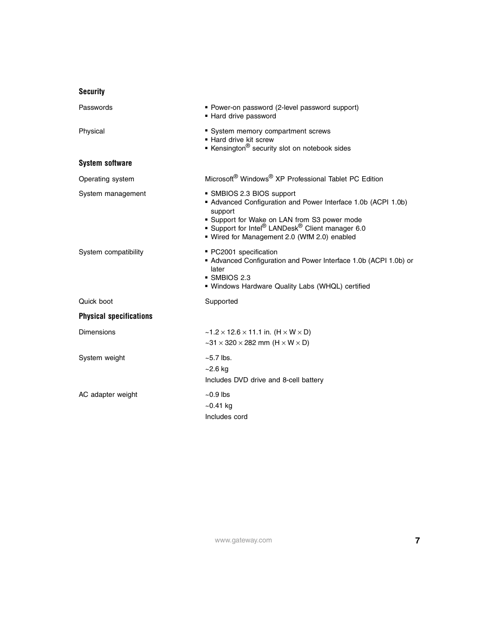 Security, System software, Physical specifications | Gateway M275 User Manual | Page 7 / 8