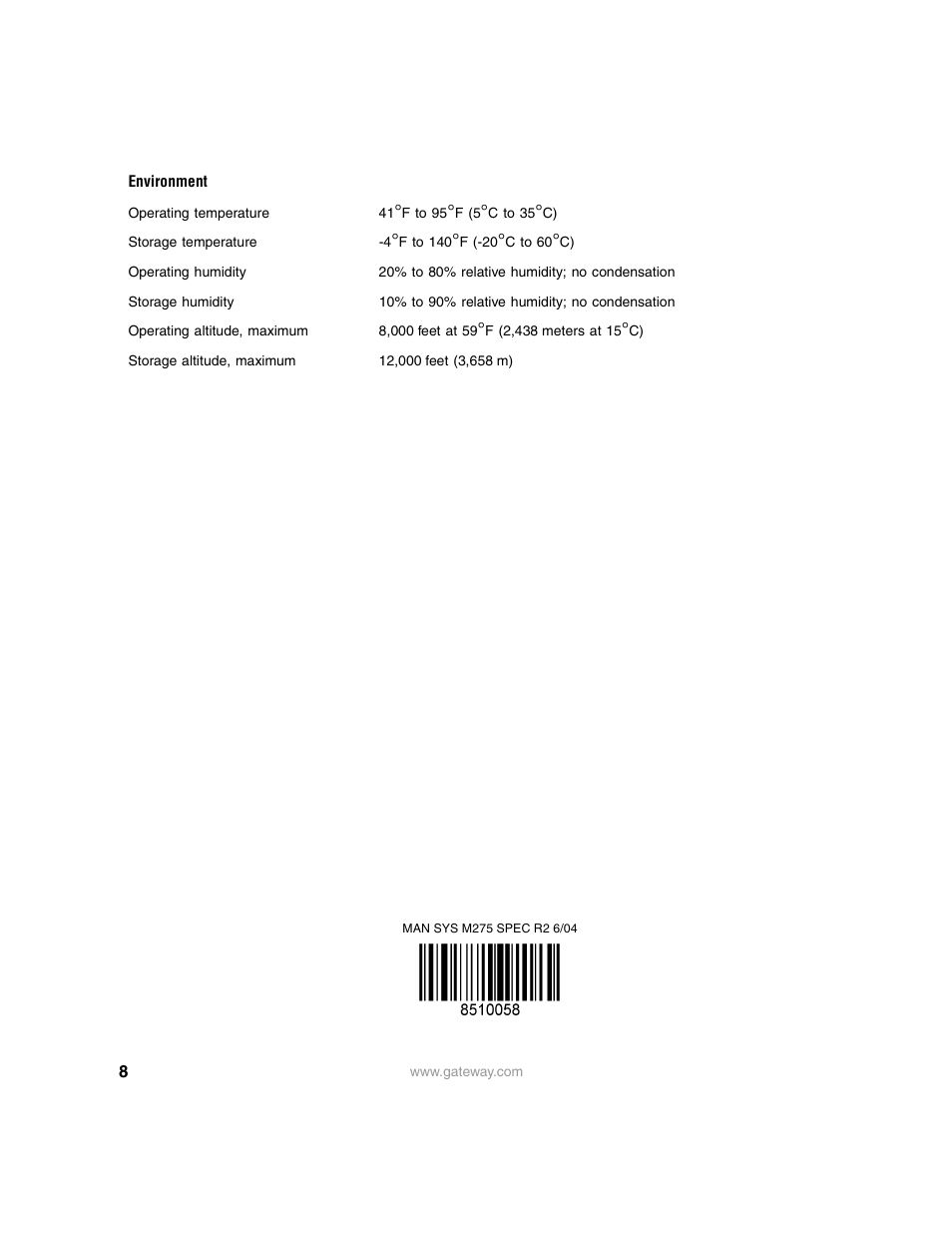 Environment | Gateway M275 User Manual | Page 8 / 8