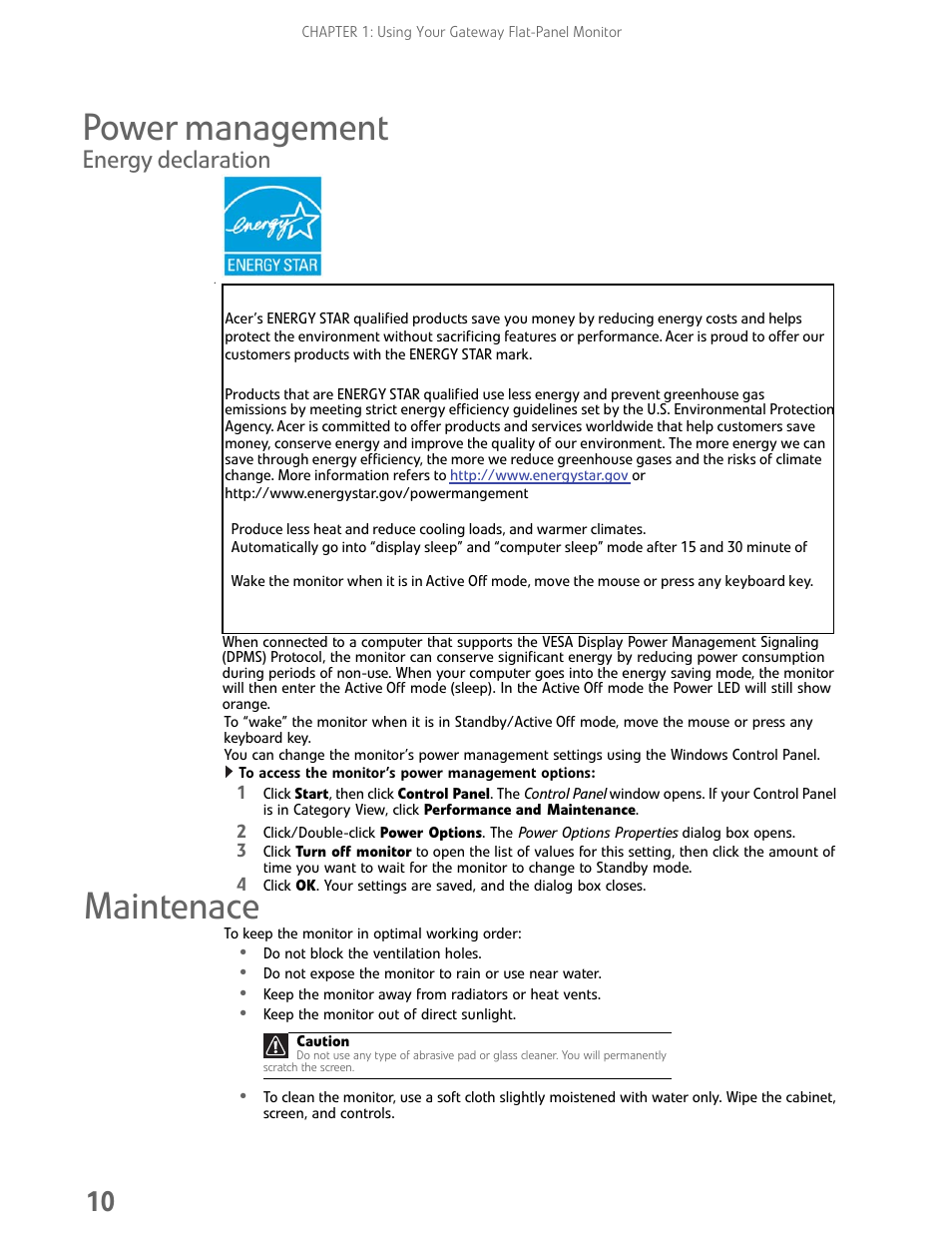 Power management, Energy declaration, To access the monitor’s power management options | Maintenace | Gateway HX2000 User Manual | Page 14 / 26