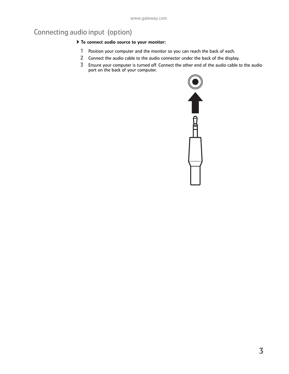Connecting audio input (only for vga/dvi input), To connect audio source to your monitor, Connecting audio input | Connecting audio input (option) | Gateway HX2000 User Manual | Page 7 / 26