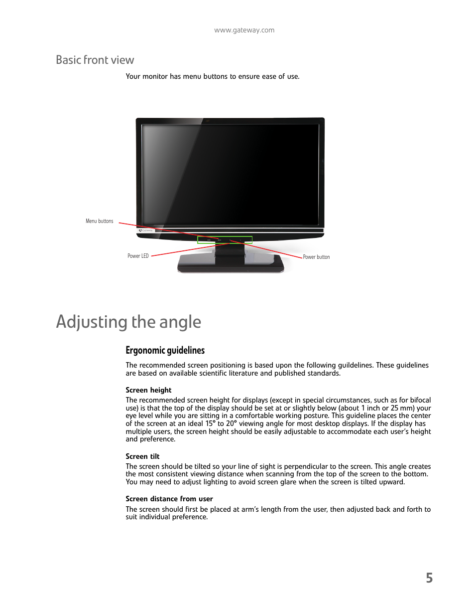 Basic front view, Adjusting the angle, Ergonomic guidelines | Screen height, Screen tilt, Screen distance from user | Gateway HX2000 User Manual | Page 9 / 26