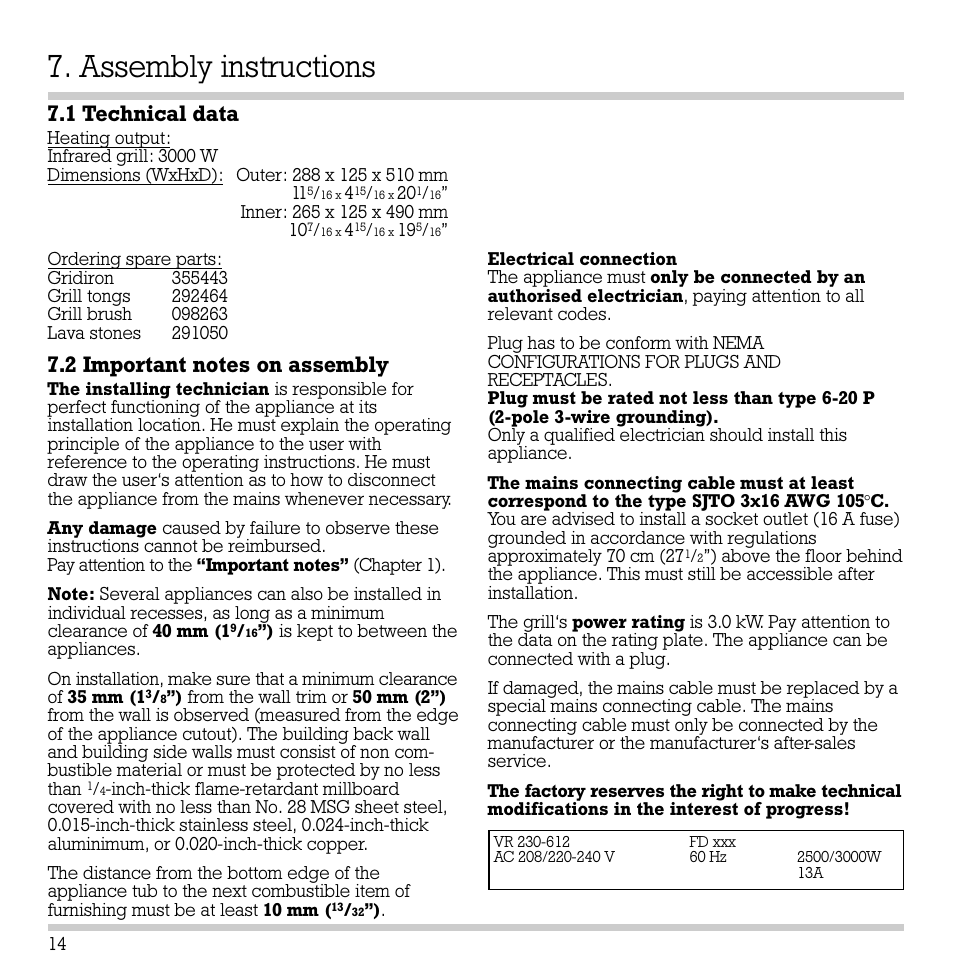 Assembly instructions, 1 technical data | Gaggenau VR 230-612 User Manual | Page 15 / 19