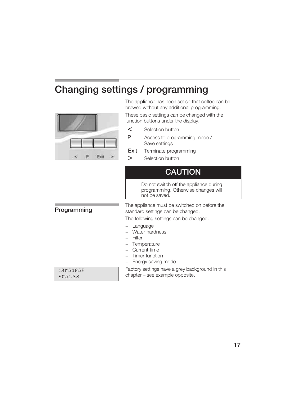 Changing settings / programming, Caution | Gaggenau CM200610 User Manual | Page 17 / 105