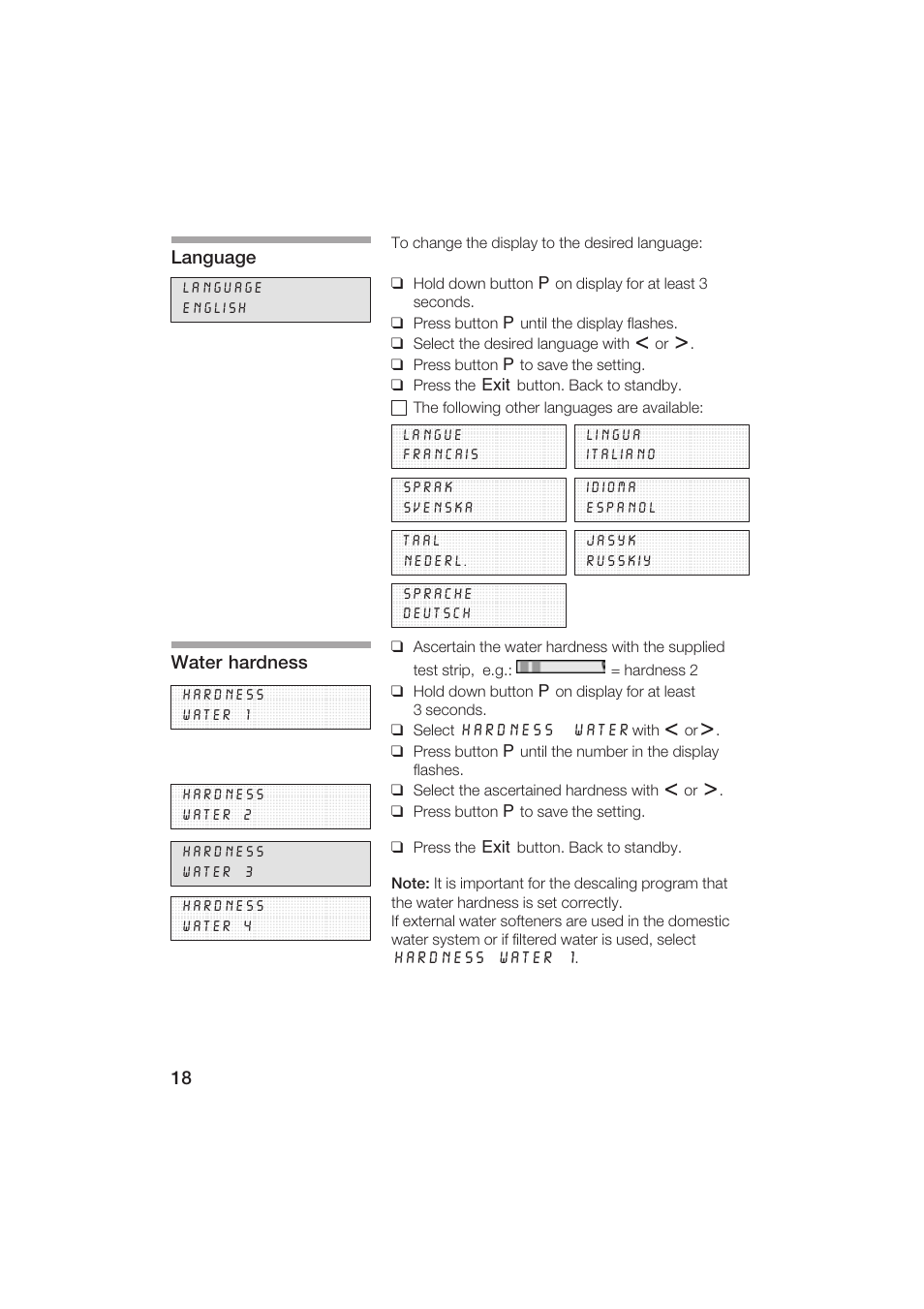 Language, Water hardness | Gaggenau CM200610 User Manual | Page 18 / 105