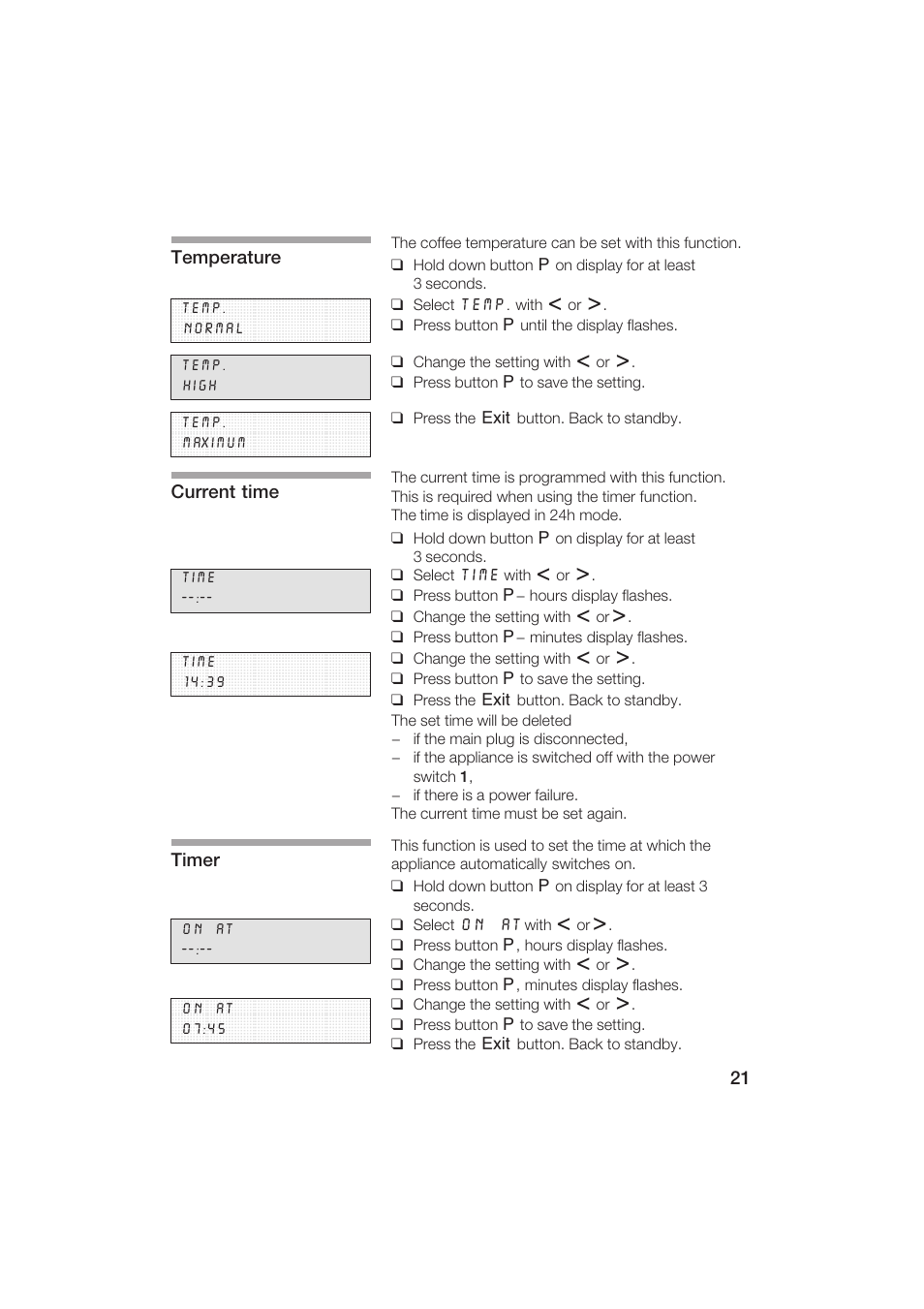 Temperature, Current time, Timer | Gaggenau CM200610 User Manual | Page 21 / 105