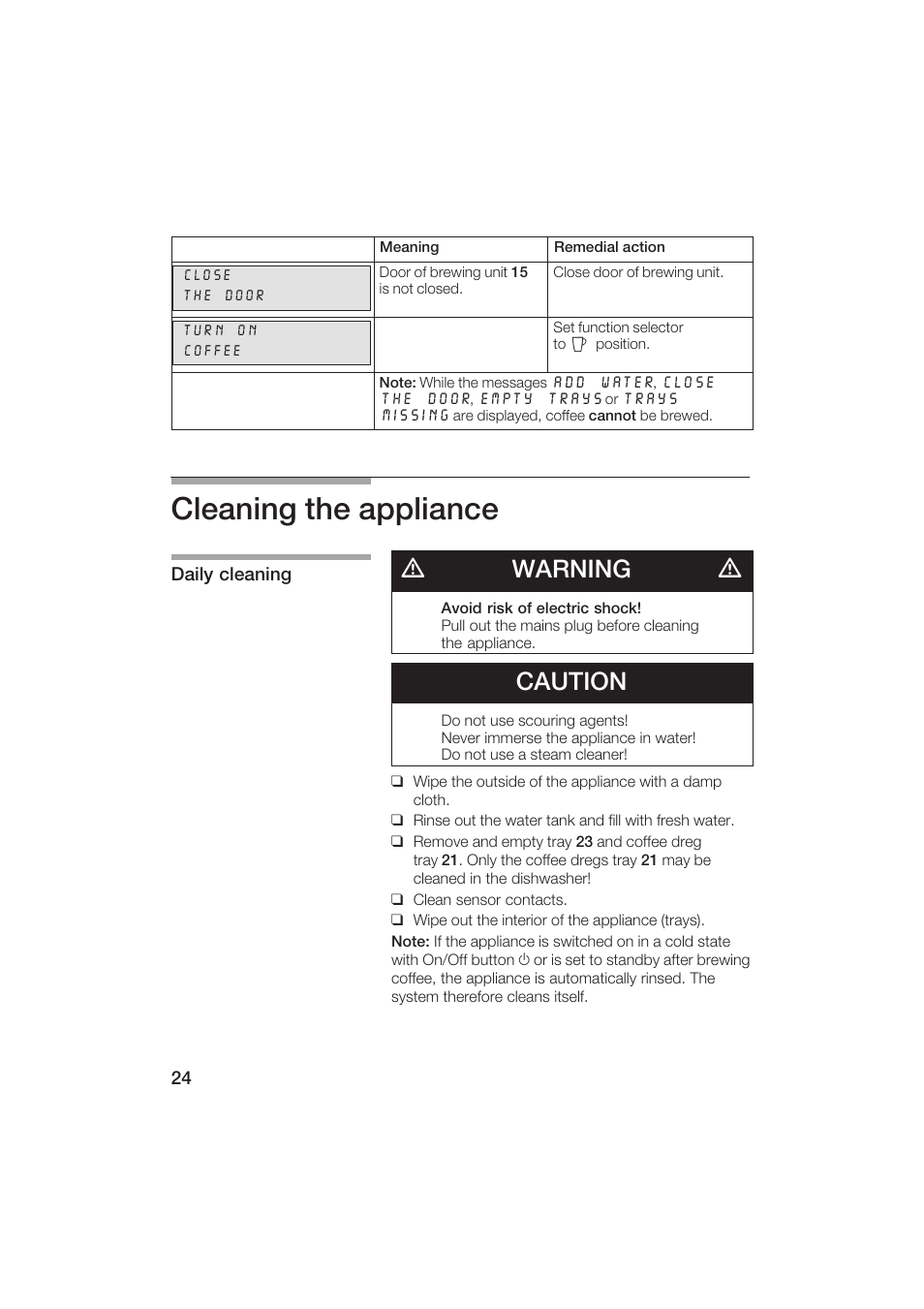 Cleaning the appliance, Dwarning d, Caution | Gaggenau CM200610 User Manual | Page 24 / 105