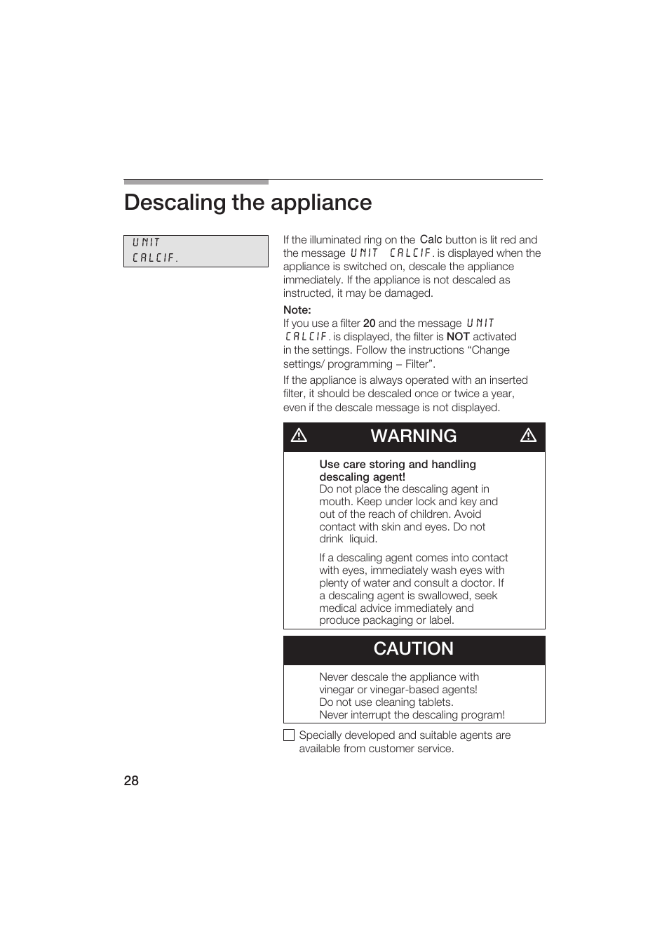Descaling the appliance, Dwarning d, Caution | Gaggenau CM200610 User Manual | Page 28 / 105