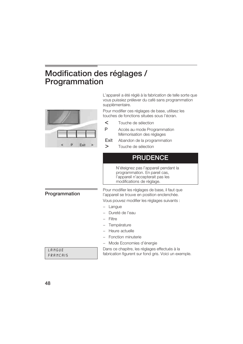 Modification des réglages / programmation, Prudence | Gaggenau CM200610 User Manual | Page 48 / 105