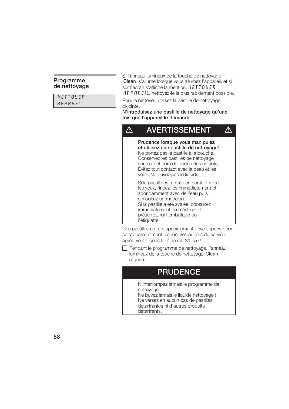 Davertissement d, Prudence | Gaggenau CM200610 User Manual | Page 58 / 105