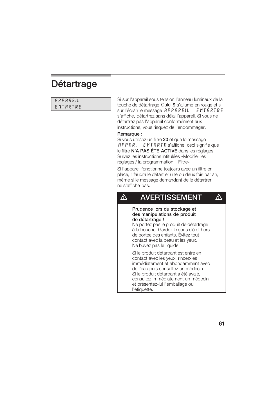 Détartrage, Davertissement d | Gaggenau CM200610 User Manual | Page 61 / 105