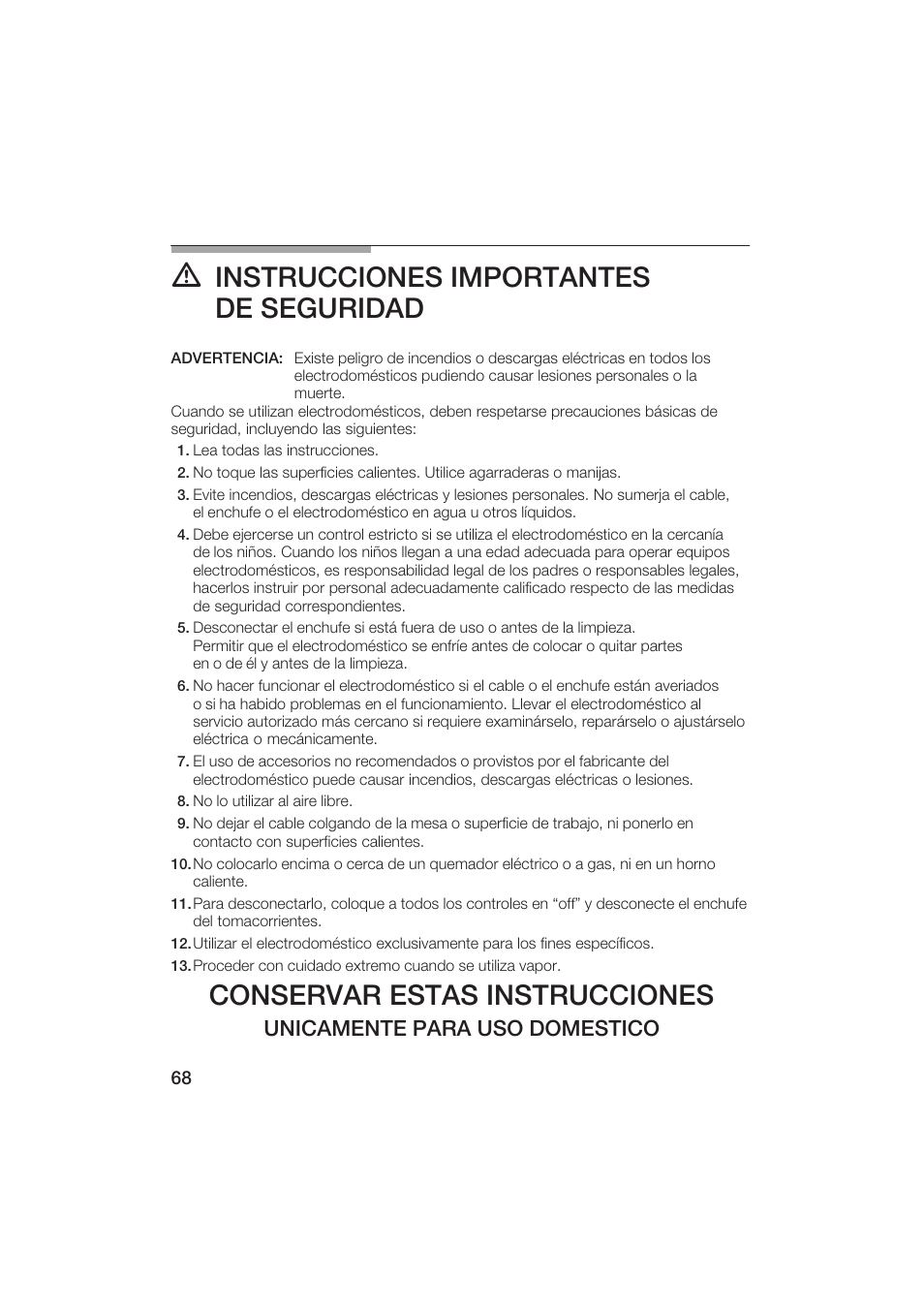 Instrucciones importantes de seguridad, Conservar estas instrucciones, Unicamente para uso domestico | Gaggenau CM200610 User Manual | Page 68 / 105