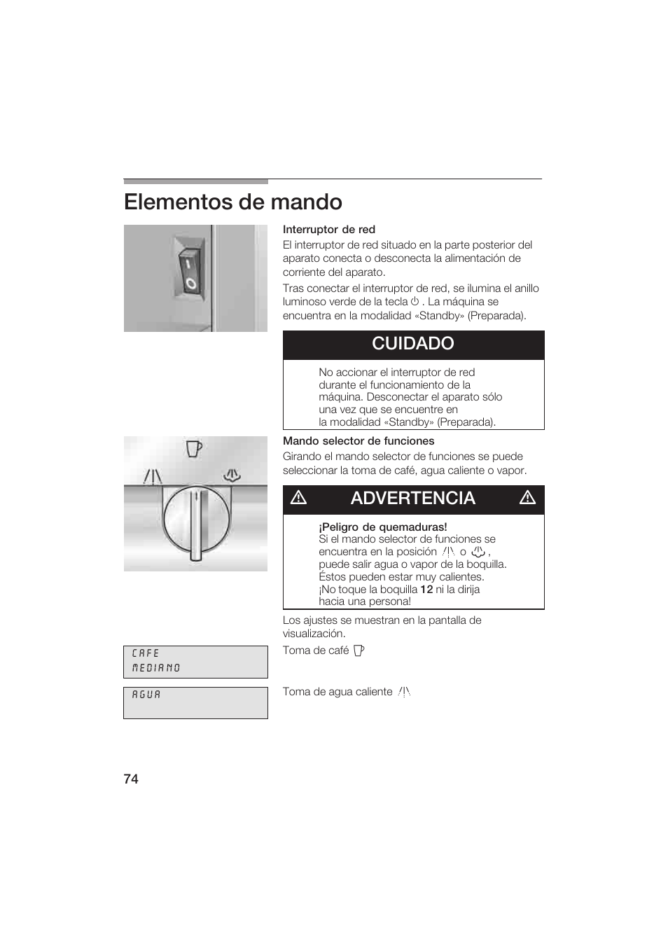 Elementos de mando, Cuidado, Dadvertencia d | Gaggenau CM200610 User Manual | Page 74 / 105