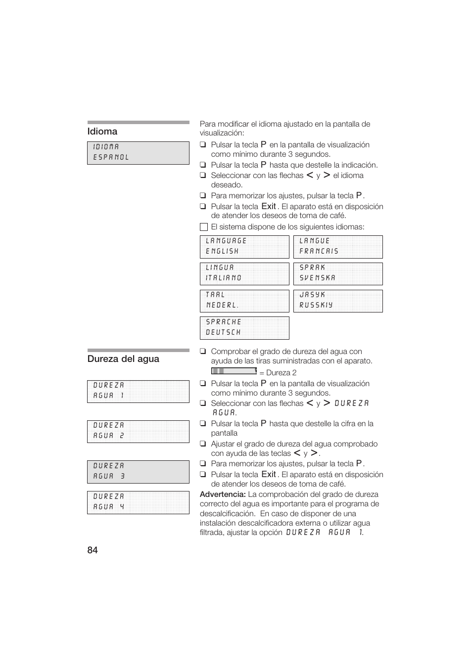 Idioma, Dureza del agua | Gaggenau CM200610 User Manual | Page 84 / 105