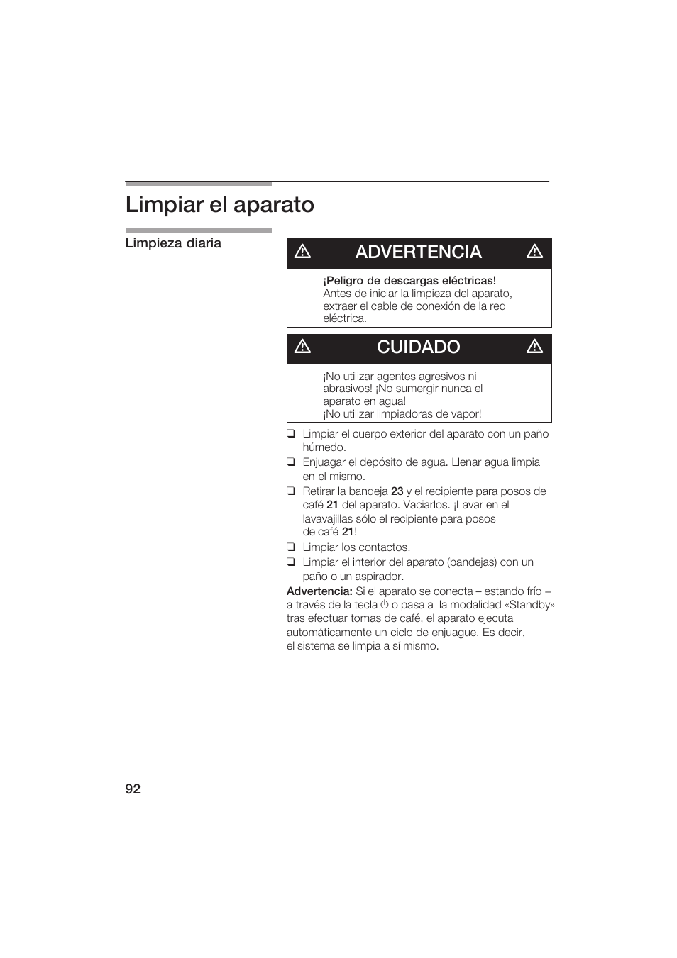 Limpiar el aparato, Dadvertencia d, Dcuidado d | Gaggenau CM200610 User Manual | Page 92 / 105
