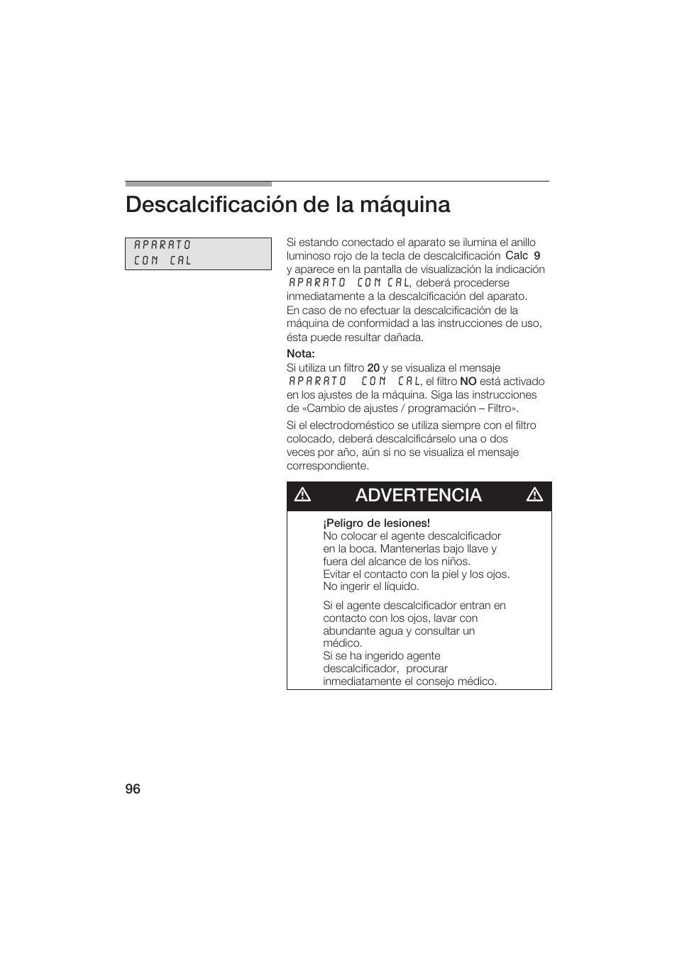 Descalcificación de la máquina, Dadvertencia d | Gaggenau CM200610 User Manual | Page 96 / 105