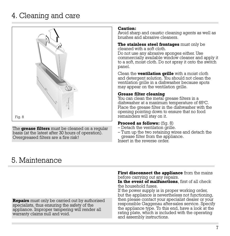 Cleaning and care 5. maintenance | Gaggenau VL 040-107 User Manual | Page 8 / 9