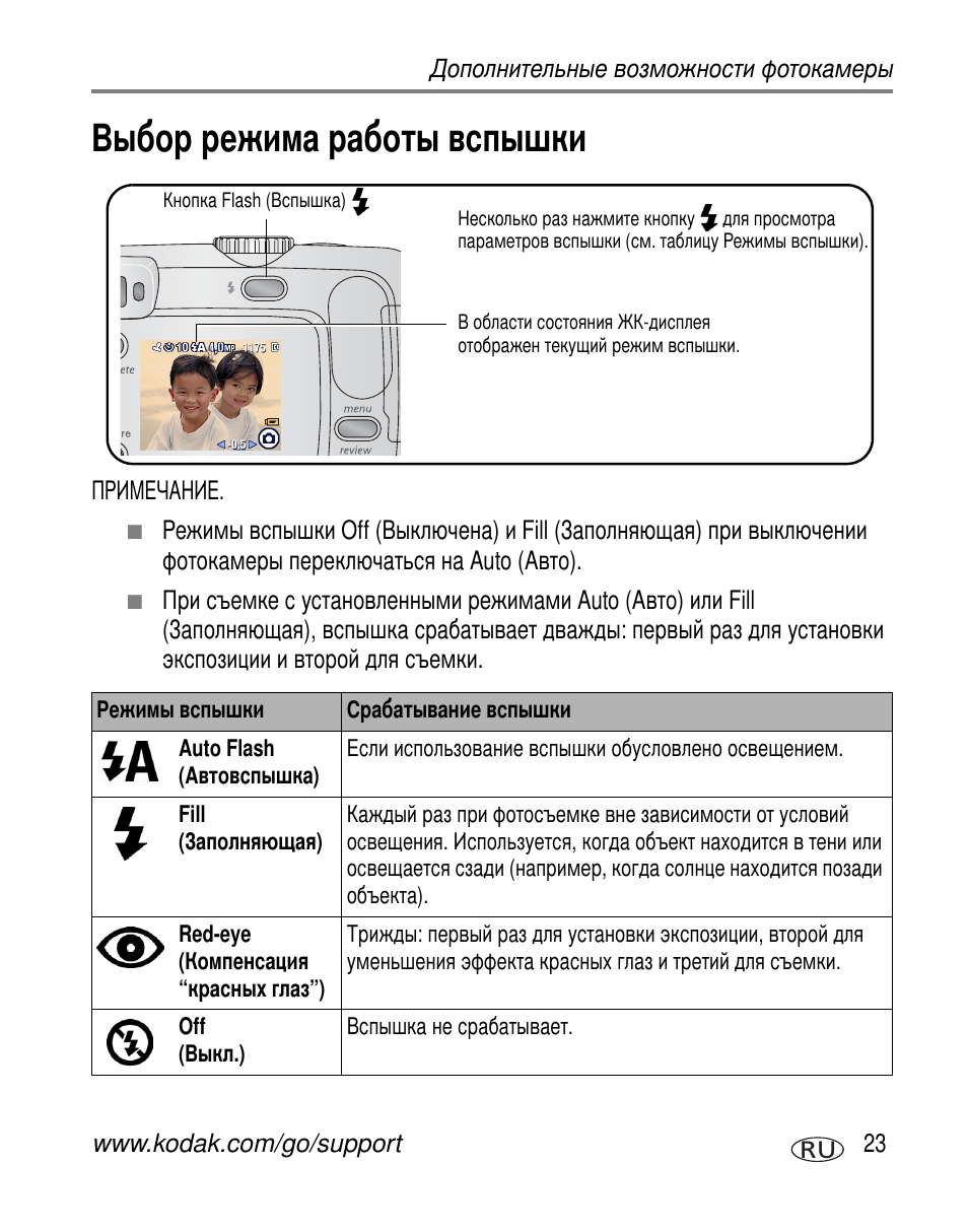 Выбор режима работы вспышки | Kodak C310 User Manual | Page 29 / 79
