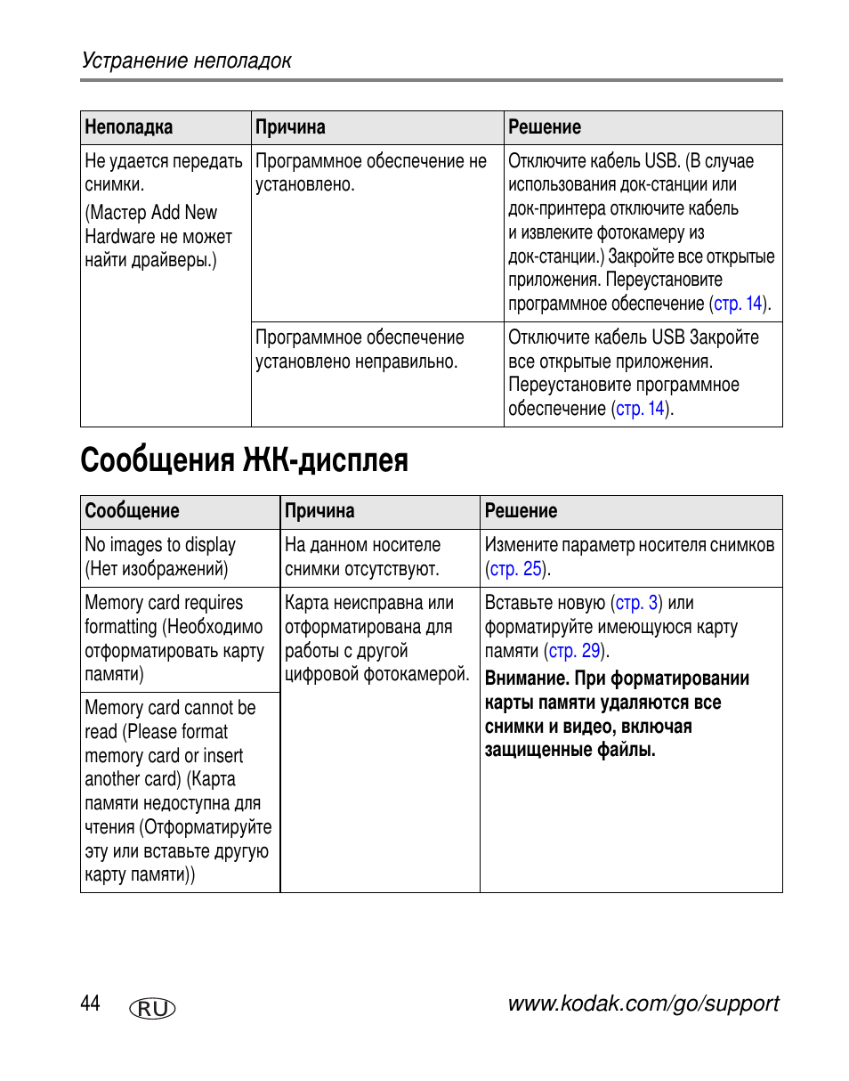 Сообщения на дисплее фотокамеры | Kodak C310 User Manual | Page 50 / 79