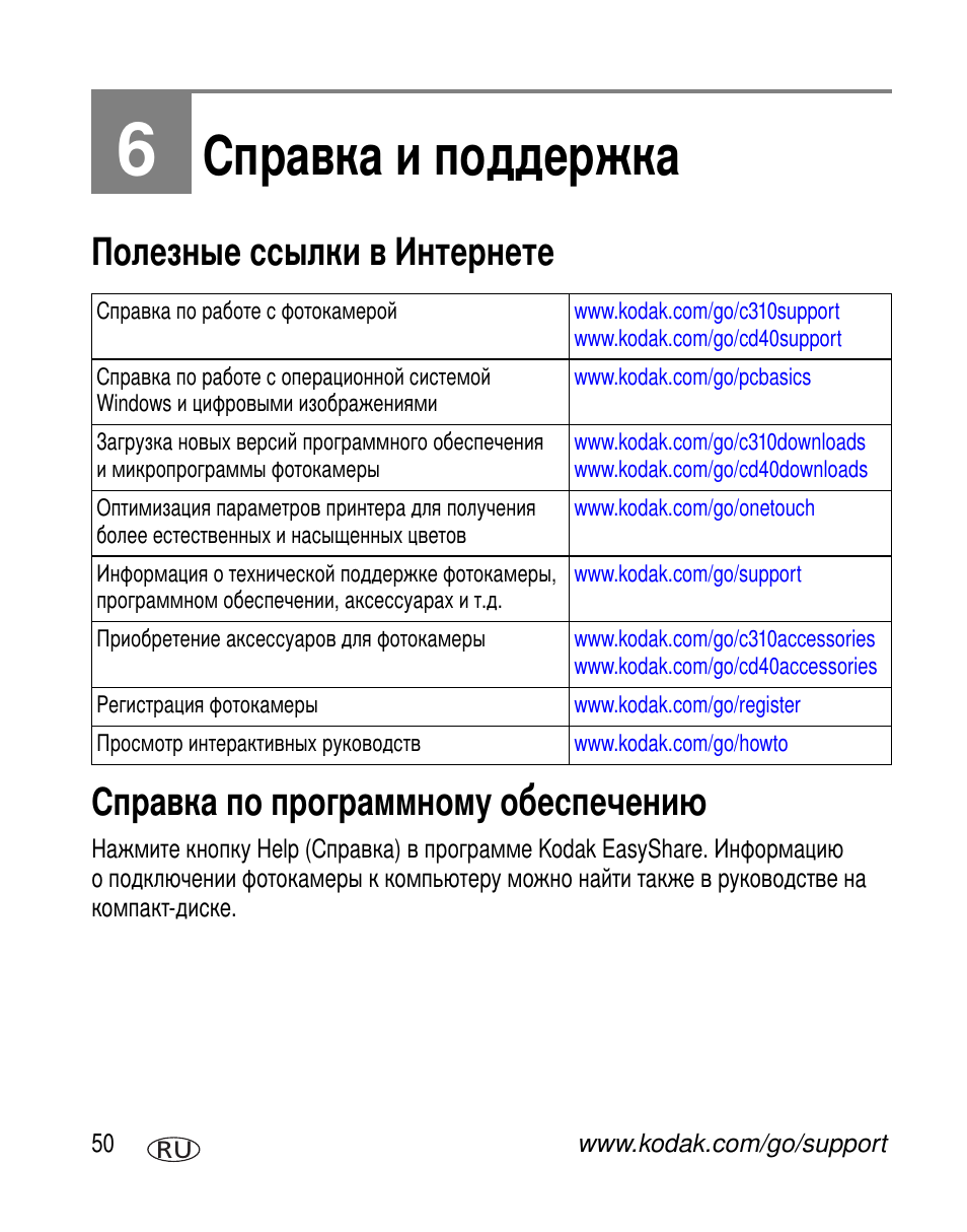 Справка и поддержка, Полезные ссылки в интернете, Справка по программному обеспечению | Kodak C310 User Manual | Page 56 / 79