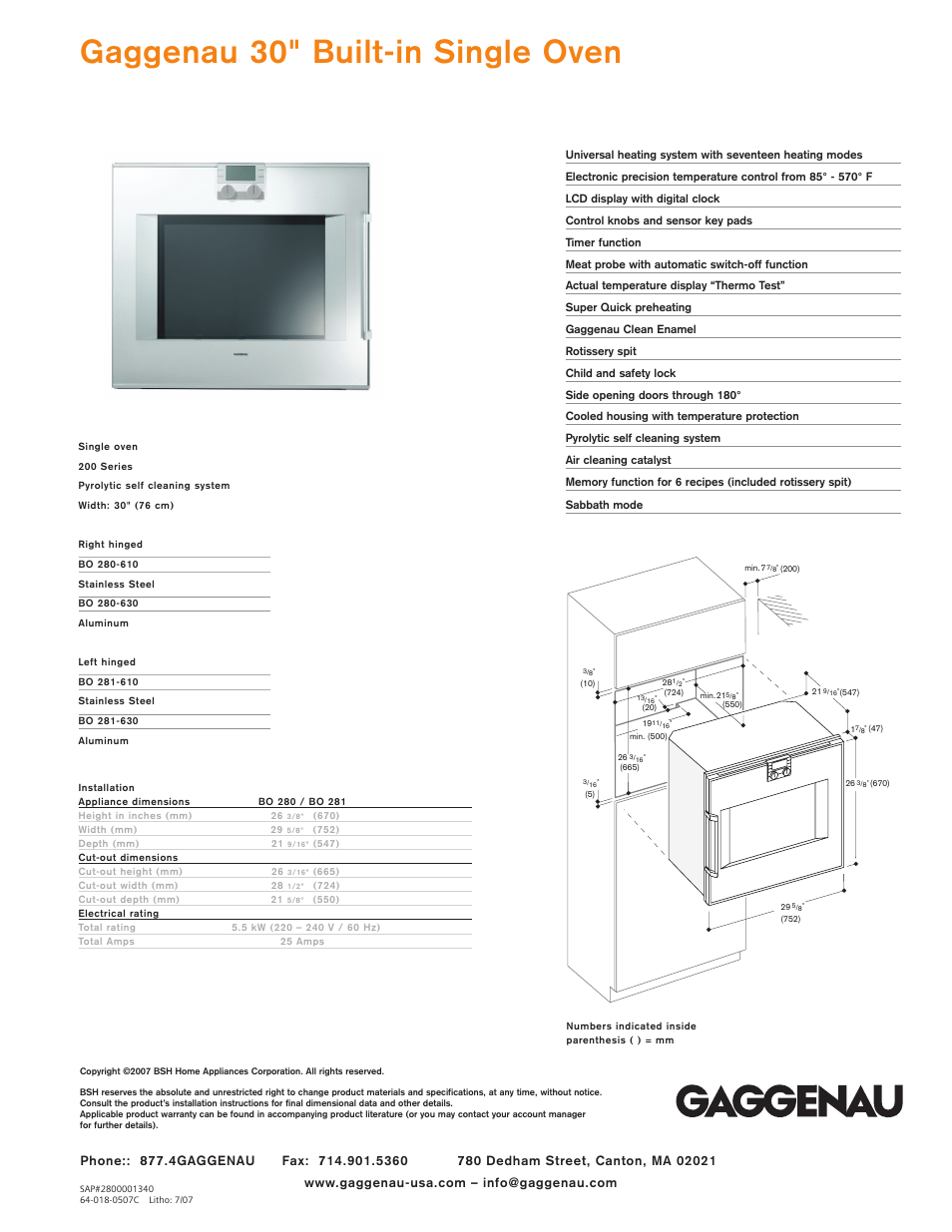 Gaggenau Built-in Single Oven User Manual | 1 page